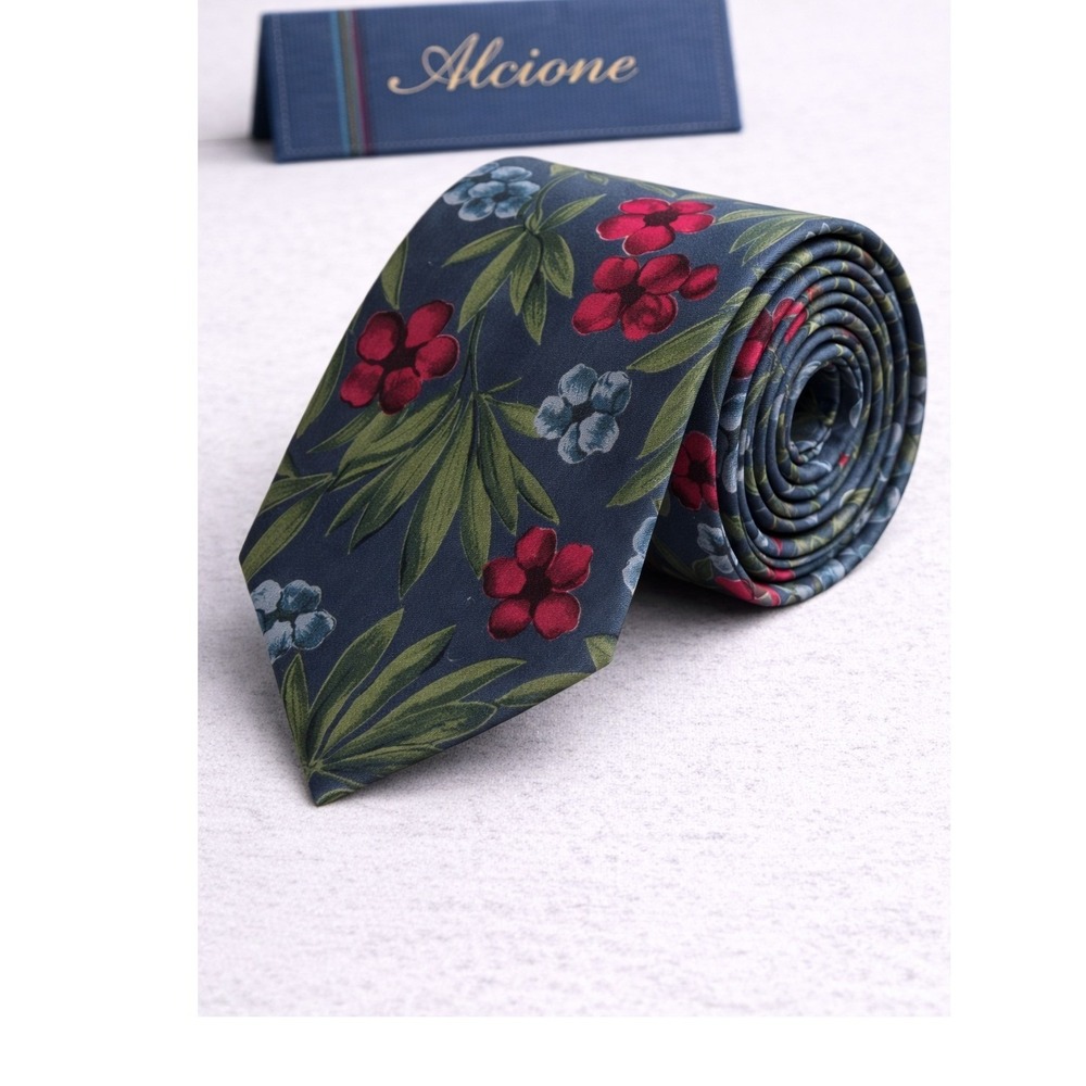 Alcione Milano Mens Silk Tie Floral Botanical Made in Italy Navy Blue Red 3.5"